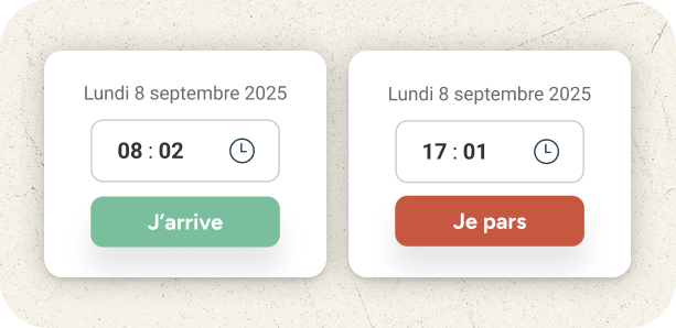 Interface affichant heures d’arrivée, départ et pauses