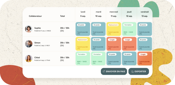 Interface affichant le planning d’équipe avec tâches et absences