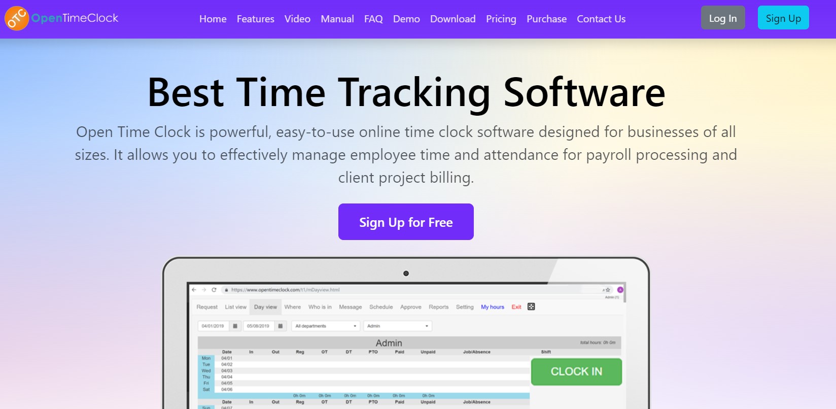 Home page d'open time clock