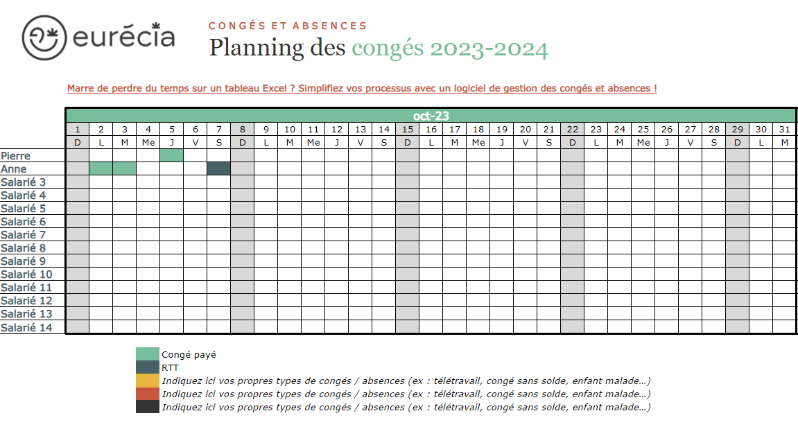 Planning Congés Modèle Excel 2024 Gratuit à Télécharger Eurécia
