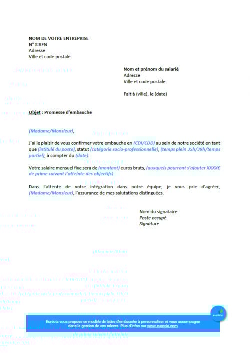 Promesse d’embauche [PDF] Modèle de lettre gratuit à télécharger Eurécia