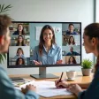 Illustration d'une session de formation synchrone, montrant des participants et un formateur interagissant en temps réel à travers une plateforme en ligne.