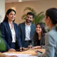 Illustration d'une équipe de recruteurs préparant une session de recrutement, avec des candidats en attente et des outils de sélection à disposition