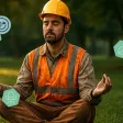 Homme en tenue de chantier avec des tâches méditant dans un parc, reflet de contradiction écologique au travail.