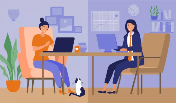 2 personnes faisant du travail hybride : télétravail et en entreprise