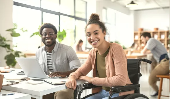 une collaboratrice handicapé avec un de ses collègues