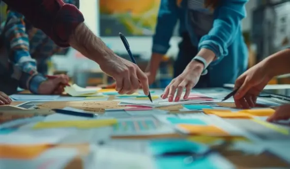 Un groupe de personnes qui sélectionne des affiches