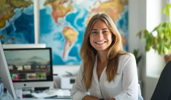 Une femme souriante à son bureau