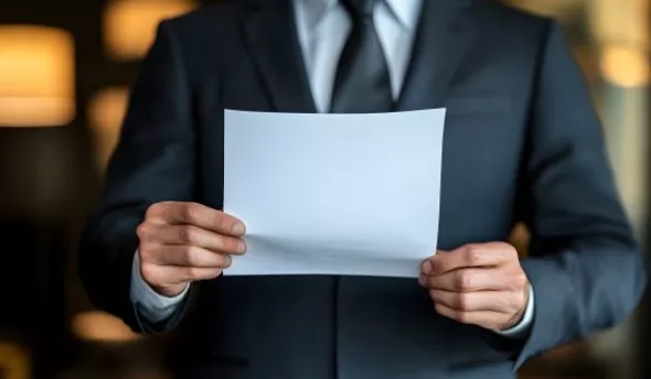 Main tenant une feuille de papier blanche, écriture manuscrite, document important.