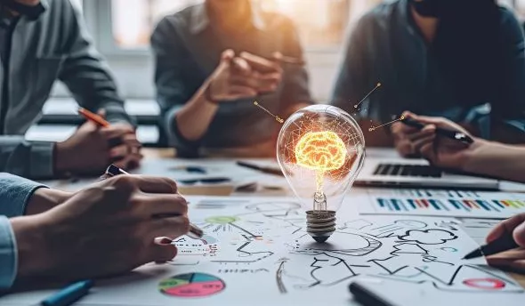 Illustration d'un groupe de collaborateurs échangeant des idées et apprenant ensemble, symbolisant la construction d'une communauté apprenante dans une entreprise.