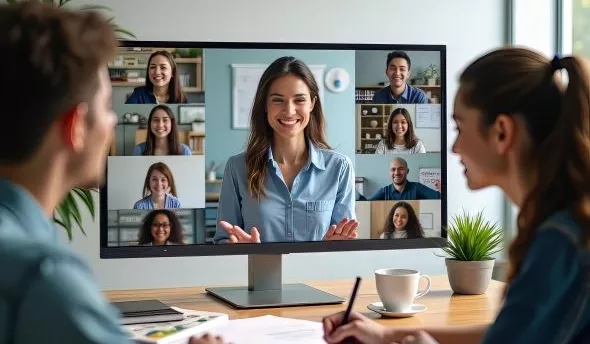 Illustration d'une session de formation synchrone, montrant des participants et un formateur interagissant en temps réel à travers une plateforme en ligne.