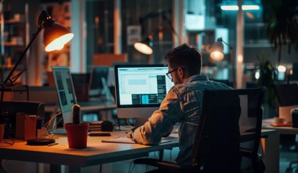 Employée RH consultant un logiciel SIRH affichant le suivi des heures supplémentaires des salariés