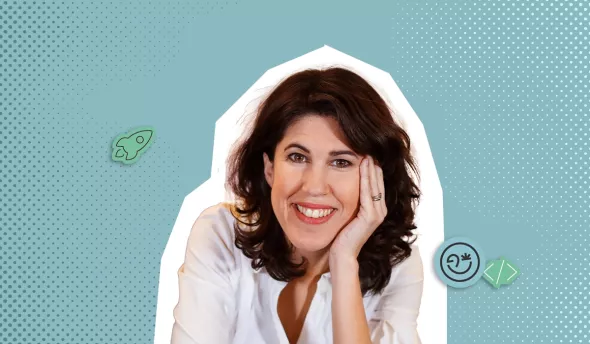 Photocollage du portrait de Corinne Joffre sur fond bleu interview tech inno eurécia média (ANITI)