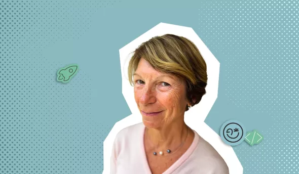 Photocollage du portrait de Muriel Garnier sur fond bleu interview tech inno eurécia média (pilote de la commission IA du Laboratoire de l’Égalité)