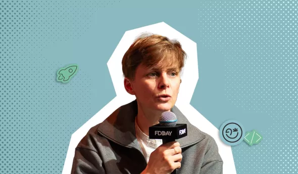 Photocollage du portrait d'Orianne Ledroit sur fond bleu interview tech inno eurécia média