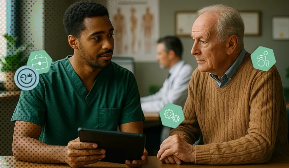 Assistant médical numérique échange avec un patient senior dans un cabinet lumineux