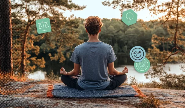 Un homme médite en pleine nature au bord d’un lac, assis en tailleur sur un tapis.