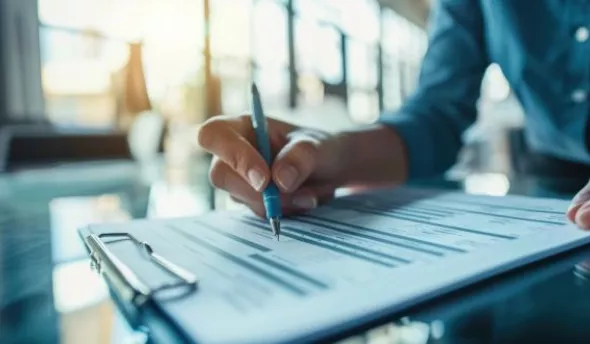 Employée concentrée, rédigeant son auto-évaluation professionnelle sur son ordinateur portable, entourée de documents et graphiques colorés.