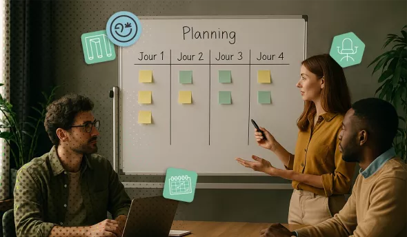 Réunion d’équipe autour d’un planning de 4 jours en bureau lumineux et végétalisé