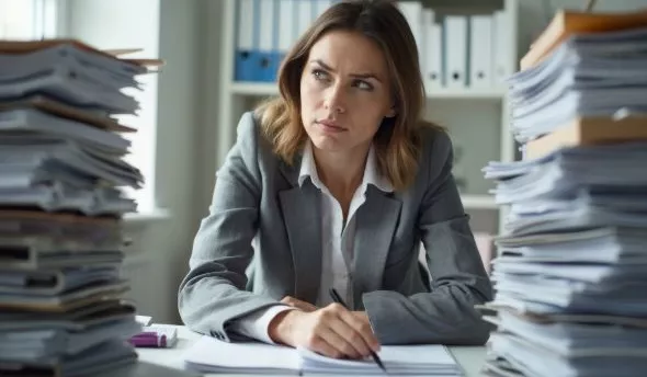 Employeur et salarié discutant calmement autour d’une table pour finaliser une rupture conventionnelle avec documents et stylo.