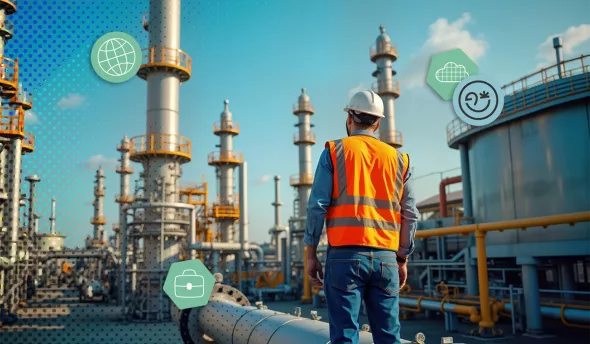 Ingénieur en sécurité devant une usine spécialisée dans la capture de carbone industriel