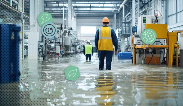 Employés marchant dans une usine inondée après une tempête ou événement climatique extrême