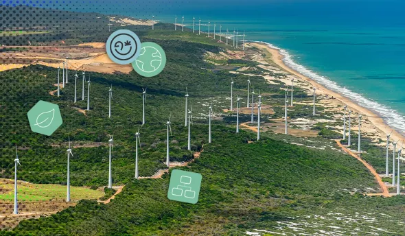 Vue aérienne d’éoliennes sur la côte du Nord-est au Brésil (Mataraca), entre océan et forêt