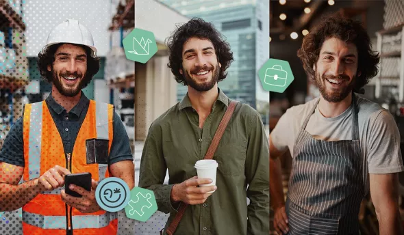 Portrait d’un homme souriant dans trois rôles : ouvrier, consultant et serveur