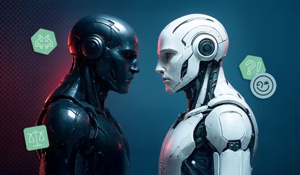 Deux robots, l’un noir et l’autre blanc, se faisant face, symbolisant l’IA ennemie ou mentor