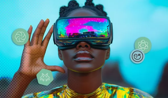 Femme portant un casque de réalité virtuelle futuriste aux reflets colorés levant la main