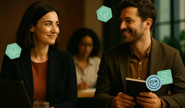 Deux professionnels échangent un regard complice lors d’une réunion en bureau industriel