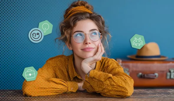 Jeune femme pensive avec lunettes devant une valise et des icônes illustrant des idées