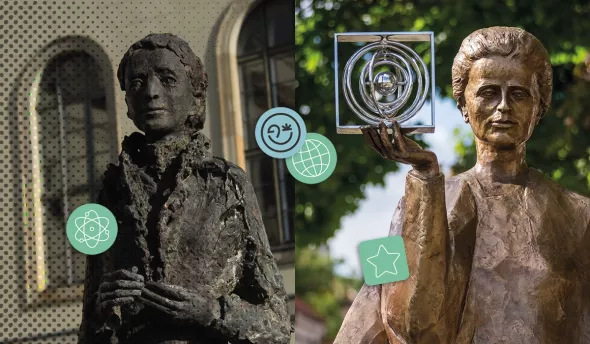 Deux statues de femmes scientifiques (Lise Meitner à droite à Berlin et Marie Curie à Varsovie) illustrant la place des femmes dans les métiers techniques