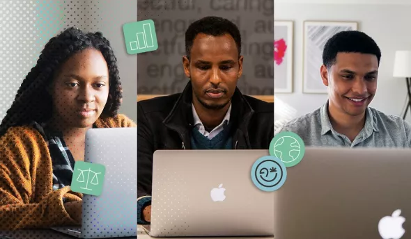 image scindée en 3 parties et qui représente 3 personnes chacune devant un ordinateur.