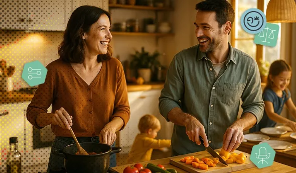 Un couple cuisine ensemble pendant que leurs enfants jouent dans la cuisine familiale.