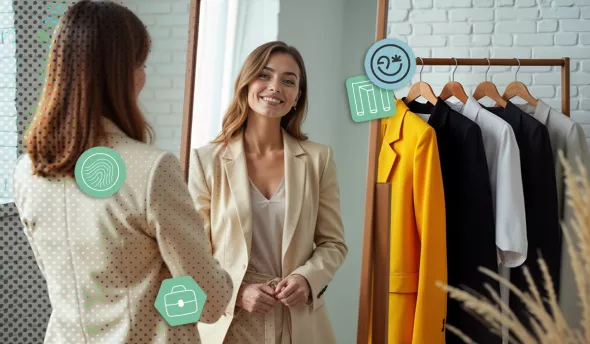 Femme en tailleur beige se regardant dans un miroir, choix vestimentaire professionnel