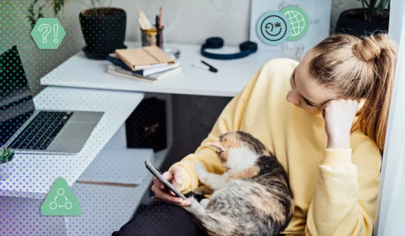 Illustration d’une femme qui scrolle sur son téléphone, un chat sur les genoux