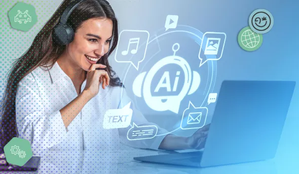 Femme utilisant un ordinateur portable avec un assistant IA à l’écran