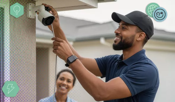 électricien intervenant sur un système domotique dans une maison intelligente
