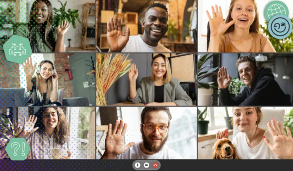 Participants en visioconférence saluant à l’écran lors d’une réunion à distance
