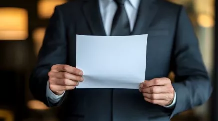 Main tenant une feuille de papier blanche, écriture manuscrite, document important.