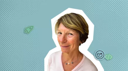 Photocollage du portrait de Muriel Garnier sur fond bleu interview tech inno eurécia média (pilote de la commission IA du Laboratoire de l’Égalité)