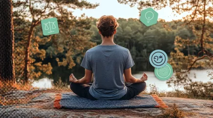 Un homme médite en pleine nature au bord d’un lac, assis en tailleur sur un tapis.