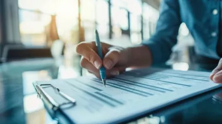 Employée concentrée, rédigeant son auto-évaluation professionnelle sur son ordinateur portable, entourée de documents et graphiques colorés.