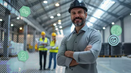 Souriant chef d’entreprise au casque et bras croisés dans un atelier moderne, équipe floue en arrière-plan