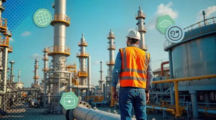 Ingénieur en sécurité devant une usine spécialisée dans la capture de carbone industriel