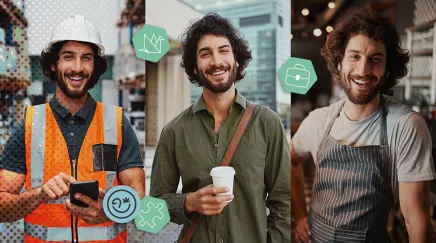 Portrait d’un homme souriant dans trois rôles : ouvrier, consultant et serveur