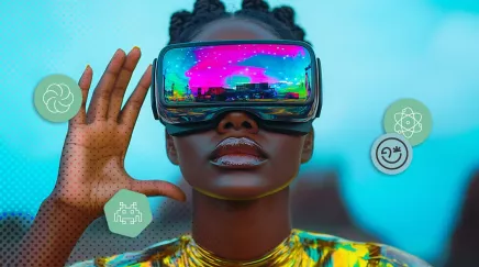 Femme portant un casque de réalité virtuelle futuriste aux reflets colorés levant la main