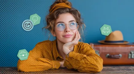 Jeune femme pensive avec lunettes devant une valise et des icônes illustrant des idées