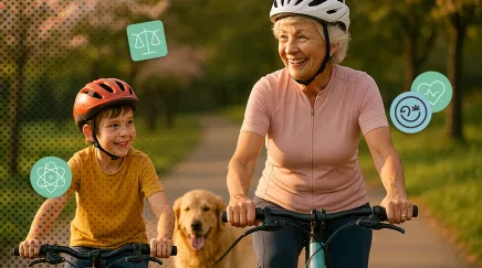 Grand-mère de 68 ans à vélo avec son petit-fils et leur golden retriever dans un parc
